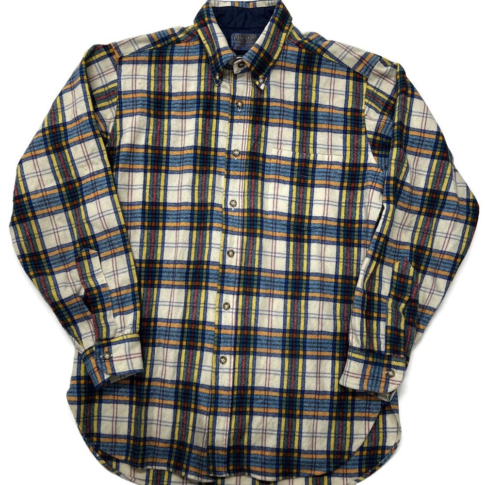 Pendleton Wool Flannel‎ Button Up Shirt Mens Medium Plaid USA Beige Blue Plaid